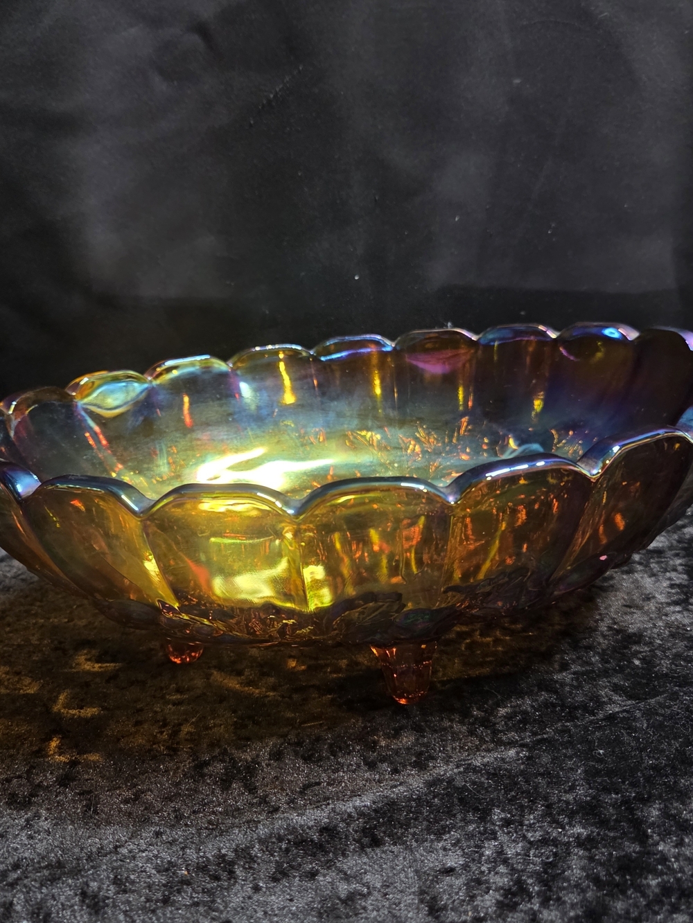 Vintage Carnival Iridescent Amber Glass Harvest Grape Pattern Footed Fruit Bowl